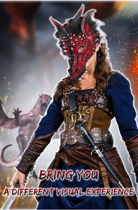 Detail of red dragon mask featuring intricate scale texture and black horns for cosplay