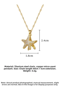 Detailed view of starfish pendant with zircon inlay and dimensions for titanium steel necklace