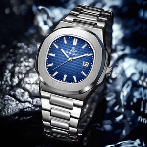 Macro detail of men's steel watch with blue striped dial and date display on water background
