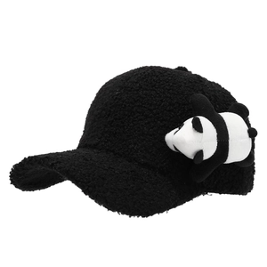 Cute black fuzzy panda baseball cap for women made of warm lamb wool plush fleece