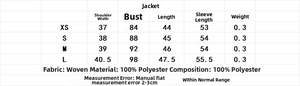 Detailed sizing chart for elegant two-piece Christmas outfit showing jacket measurements