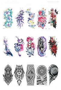 Detailed catalog of 15 waterproof temporary tattoos including wolf, owl and floral designs