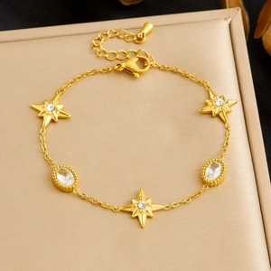 Exquisite Stainless Steel Gold Plated Bracelet For Women Featuring Dainty Chain With Eight Pointed Star And Oval Zirconia