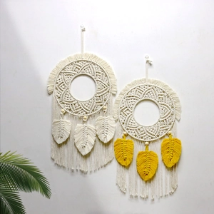 Boho Macrame Wall Hanging Handmade Cotton Rope Tapestry With Wood Beads Tassel Leaf Shape For Bedroom Living Room