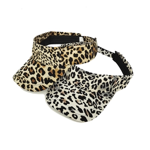 Detailed view of leopard print sun visors for women in two distinct color patterns