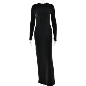 Chic black bodycon maxi dress with long sleeves and cinched waist for women