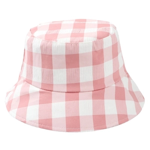 Pink and white checkerboard cotton bucket hat for women providing sun protection