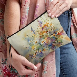 Handheld floral canvas makeup bag with daisy pattern and portable wrist strap zip closure