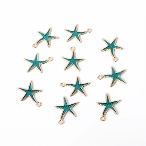 Ten turquoise enamel starfish pendants with gold plating for DIY jewelry making