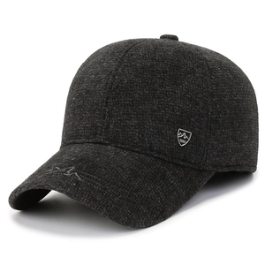 Winter thermal baseball cap with ear flaps and mountain embroidery in dark grey color