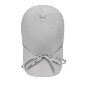 Top view of a grey quick-dry sun hat showing bow tie detail and refined stitching