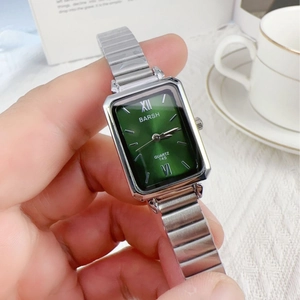 Elegant women's square green quartz watch with silver bamboo link steel strap for casual look