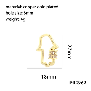 Macro view of gold-plated Hamsa Hand connector with cubic zirconia and 8mm hole details