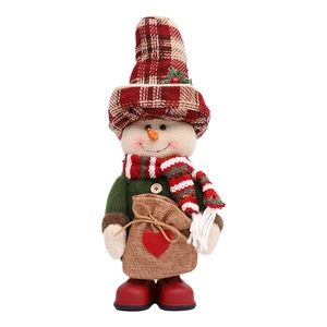 Plush Christmas snowman doll with red plaid hat and burlap gift bag for home decoration