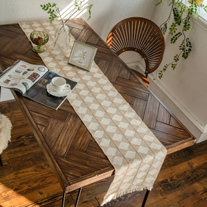 Handwoven Cotton Jute Table Runner Bohemian Rhombus Grid Pattern With Tassels Farmhouse Style Decorative Table Cloth