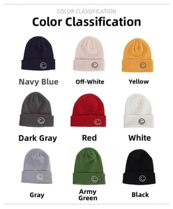 Grid layout showing nine different colors of knitted beanies with smile face patches