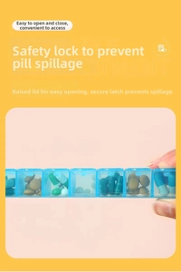 Detail view of the secure buckle design on a 7-compartment blue transparent pill box