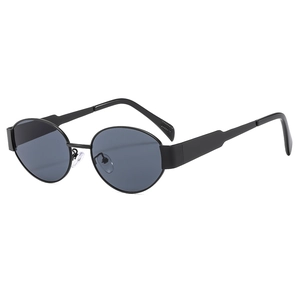 Vintage oval metal sunglasses with wide black frames and dark lenses for women