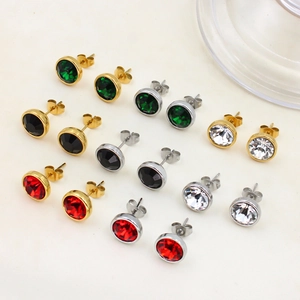 French vintage stainless steel 18K gold round stud earrings with colorful zircon stones