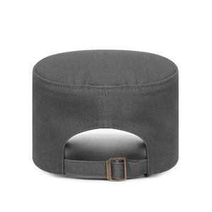 Dark grey canvas cadet cap with adjustable metal buckle strap and detailed back stitching
