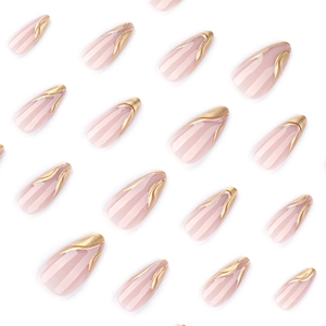 3D bronzing almond press on nails with pink base and embossed gold floral textures