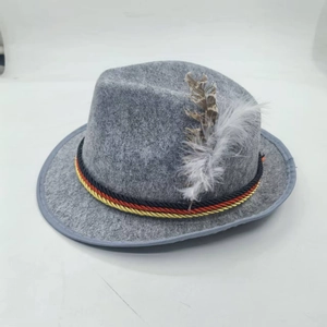Detail view of grey felt jazz hat featuring tri-color cord and faux feather decoration