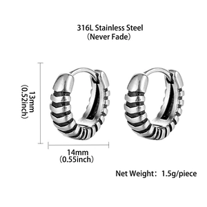 Detailed size chart showing dimensions of 316L stainless steel vintage hoop earrings