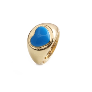 Close-up of golden adjustable ring with a vibrant blue heart enamel inlay and smooth finish