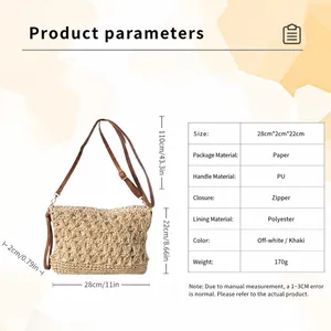 Tableau des tailles détaillé pour sac en paille montrant les dimensions et l'anse en PU