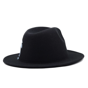 Classic black wool fedora hat with hand-painted blue palm tree pattern on flat brim