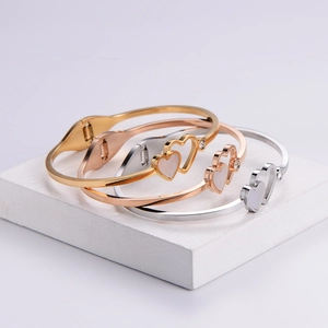Titanium steel heart bangle set with shell inlay and crystal in gold and silver