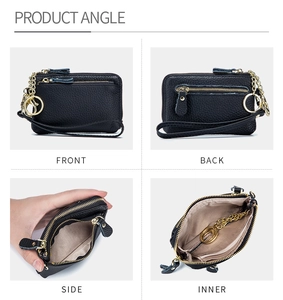 Litchi pattern leather coin purse with key ring and wrist strap in four view angles
