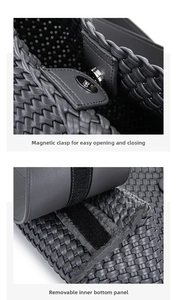 Detail of woven tote bag with magnetic clasp closure and removable base plate feature