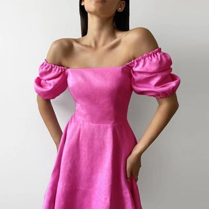 Elegant rose pink square neck dress with puff sleeves in linen fabric for women