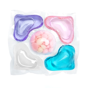 Concentrated 5-in-1 laundry detergent pods with four liquid chambers and scent beads