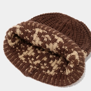 Winter brown and beige knit beanie with vintage geometric jacquard pattern for women