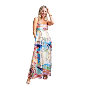 Tropical print summer maxi dress for women featuring map motifs and a flowy silhouette