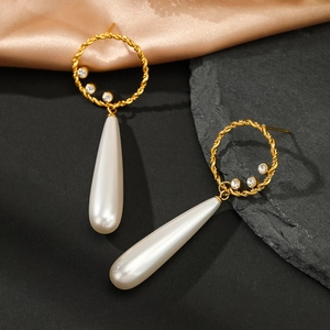 14K gold plated stainless steel teardrop pearl earrings with twisted hoop and CZ accents