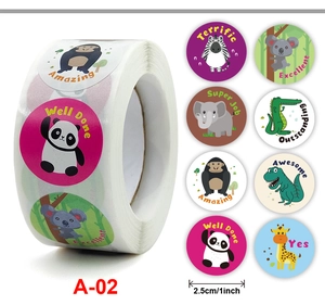 Detail of 1 inch round animal reward stickers with colorful motivational English words