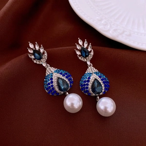 Elegant silver needle teardrop earrings with blue crystals and white pearl drops