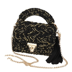 Handmade black crochet crossbody bag with gold thread, metal lock and chain strap