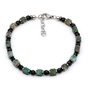 Men's Tiger Eye African Pine natural stone beaded bracelet with green and black square beads