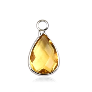 Silver pendant with teardrop-shaped yellow faceted gemstone and a circular hanging loop