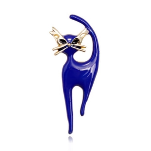 Detailed view of an elegant blue enamel cat brooch with gold-plated metal outline