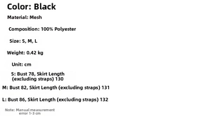 Size chart showing bust and length measurements for black mesh dress in S, M, L
