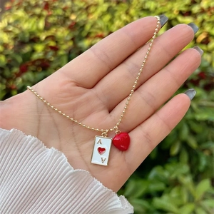 18K gold-plated beaded chain necklace with heart pendant and Ace of Hearts charm