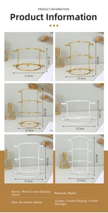 Detailed dimensions of 1, 2, and 3-tier gold metal crown display stands for tiaras