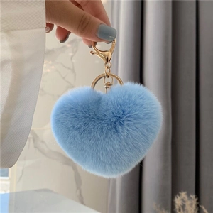 Leopard print heart plush keychain with soft blue faux fur and golden metal lobster clasp