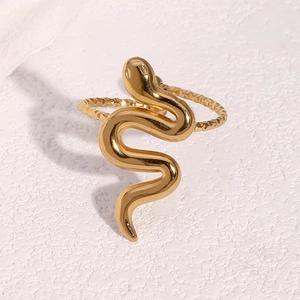 Chic 18k gold snake-shaped stainless steel ring with wave texture on marble background