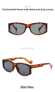 Front and side view of retro rectangular tortoiseshell sunglasses with grey lenses